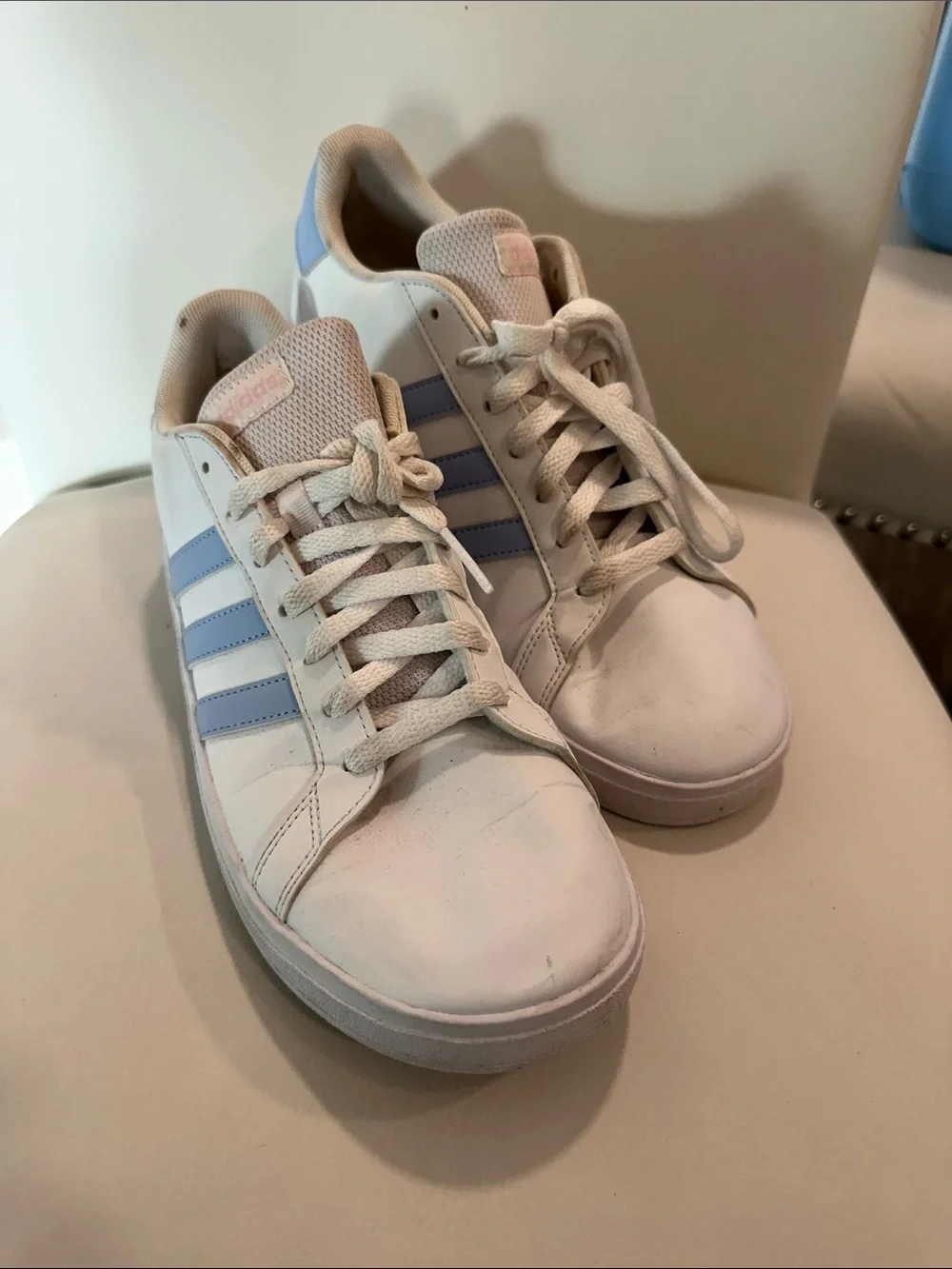 adidas White Sneakers with Light Blue Stripes